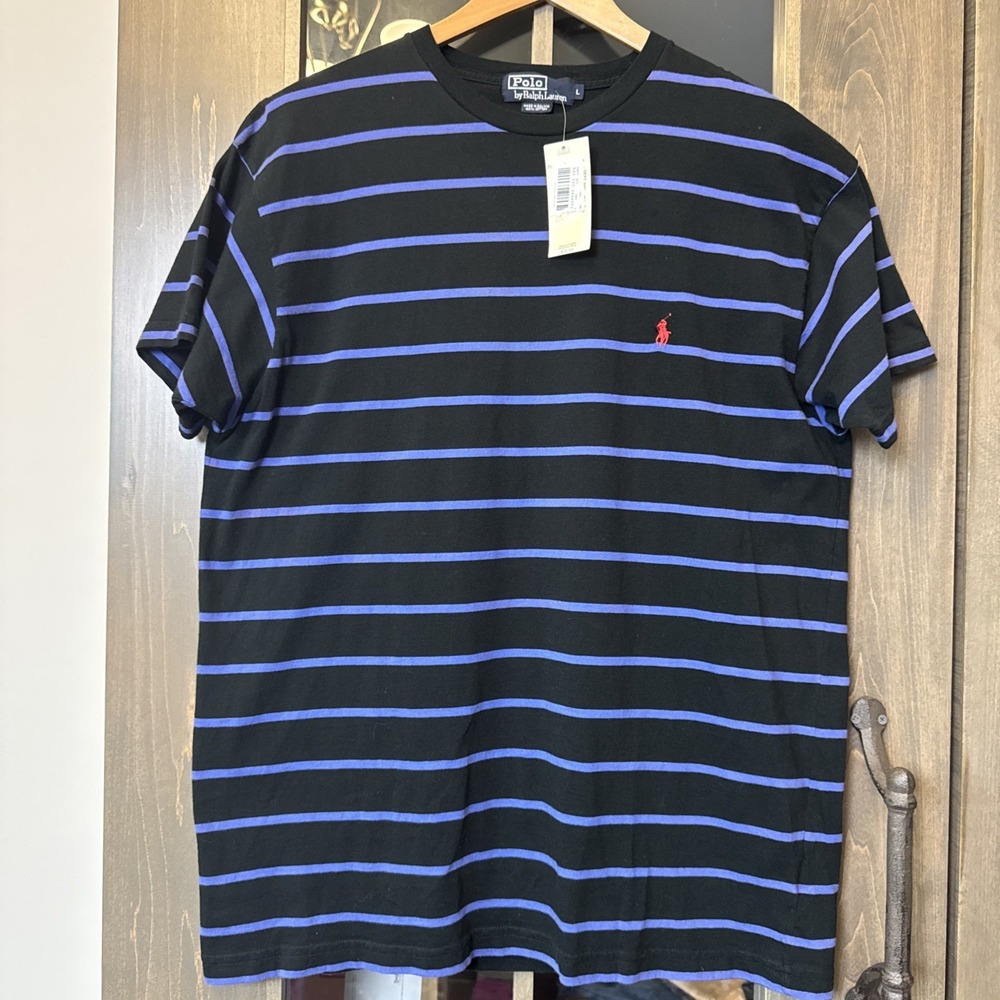 Vintage 90s Polo Ralph Lauren Striped T-shirt Pony Logo 100% Cotton Mens L Blue